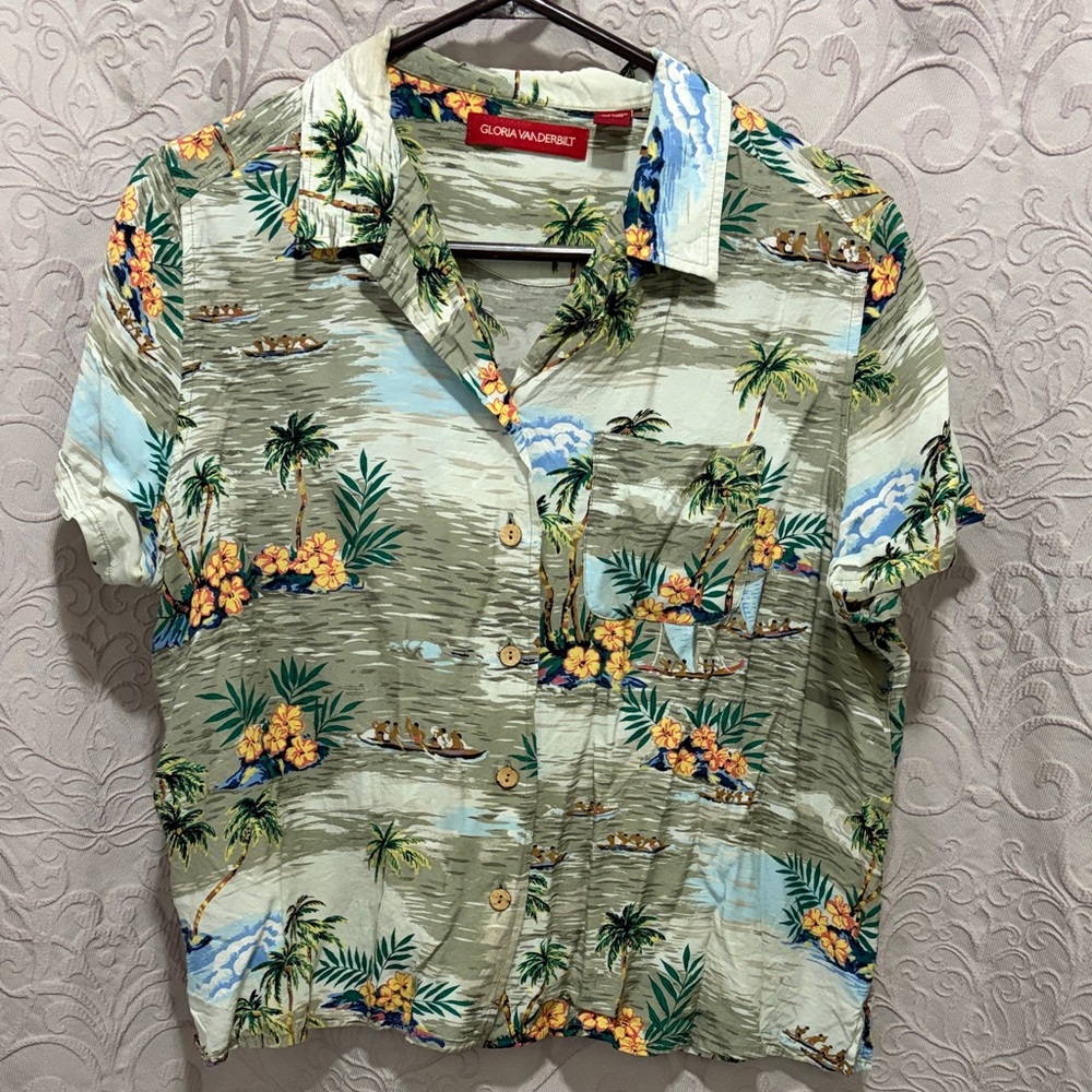 Gloria Vanderbilt Tropical Print Short-Sleeve Camp Shirt - Sage, Blue, Yellow